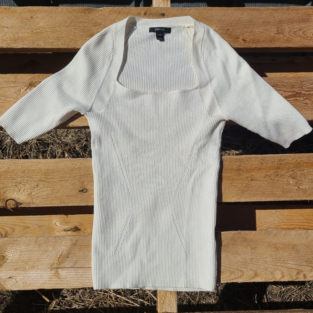 RW&CO Ribbed Square Neck Knit Top Fitted Short Sleeve XS